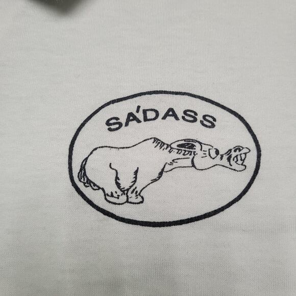 VTG 90s S'ADASS Donkey Pun Polo Shirt Mens Large White Grey Ringer Cuff - Picture 3 of 7